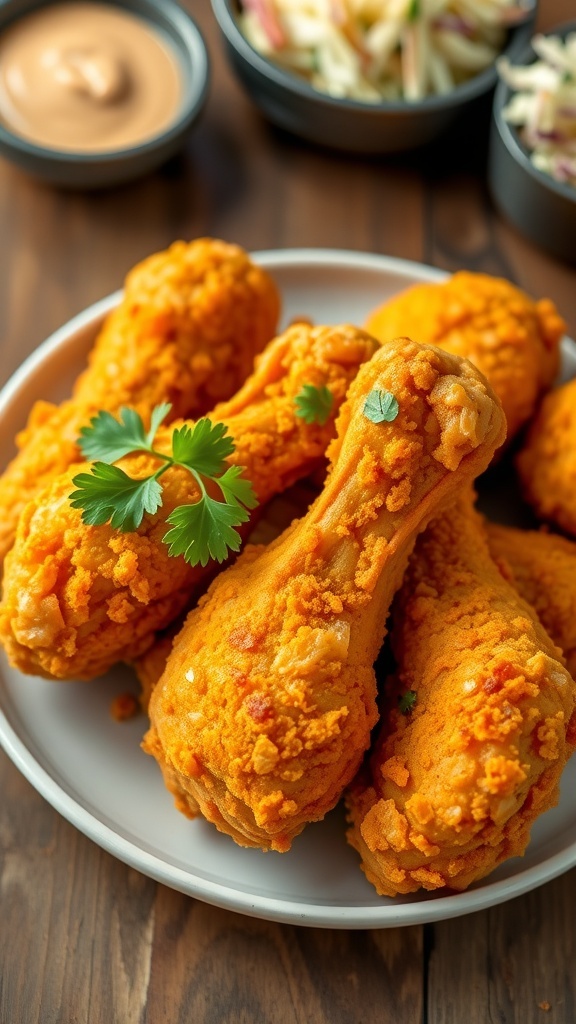 Crispy fried chicken drumsticks on a plate with parsley and dipping sauce.